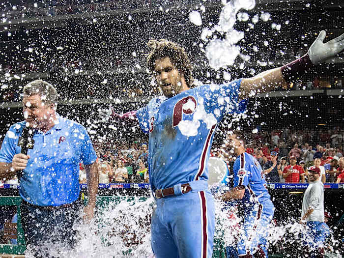 Bryce Harper doused with water